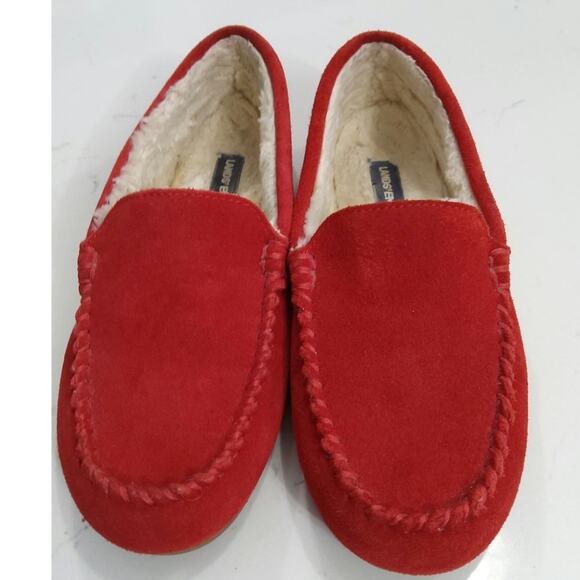 Lands End Red Suede leather womens moccasin slippers loafers fuzzy warm size 7 - Picture 2 of 8